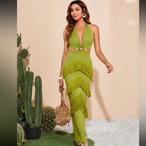 *SOLD*Green Halter Fringe Dress